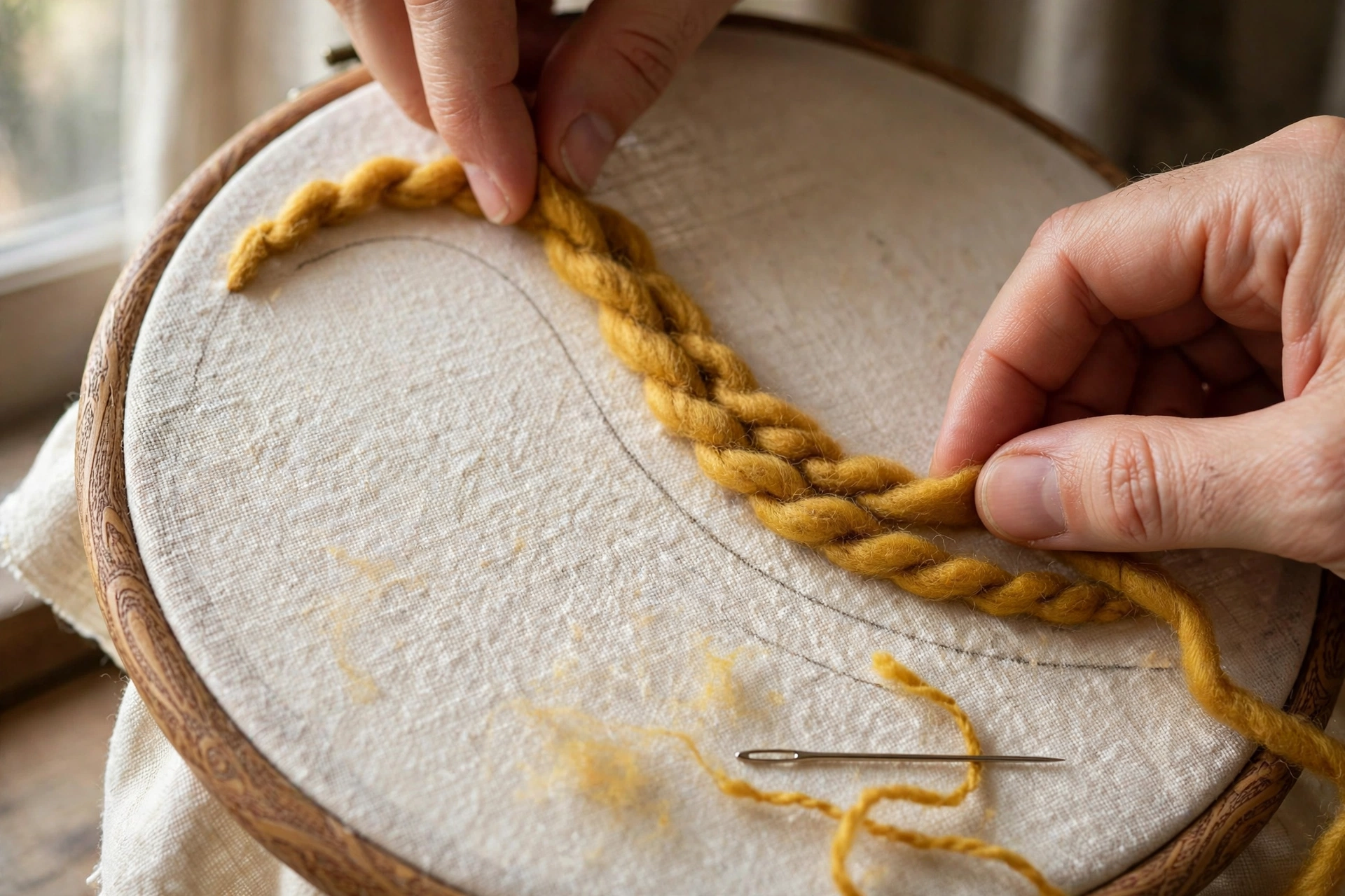 Close-up of hands laying mustard wool yarn along a curved line on cream linen in a wooden hoop with a tapestry needle nearby, natural window light, landscape orientation, no text