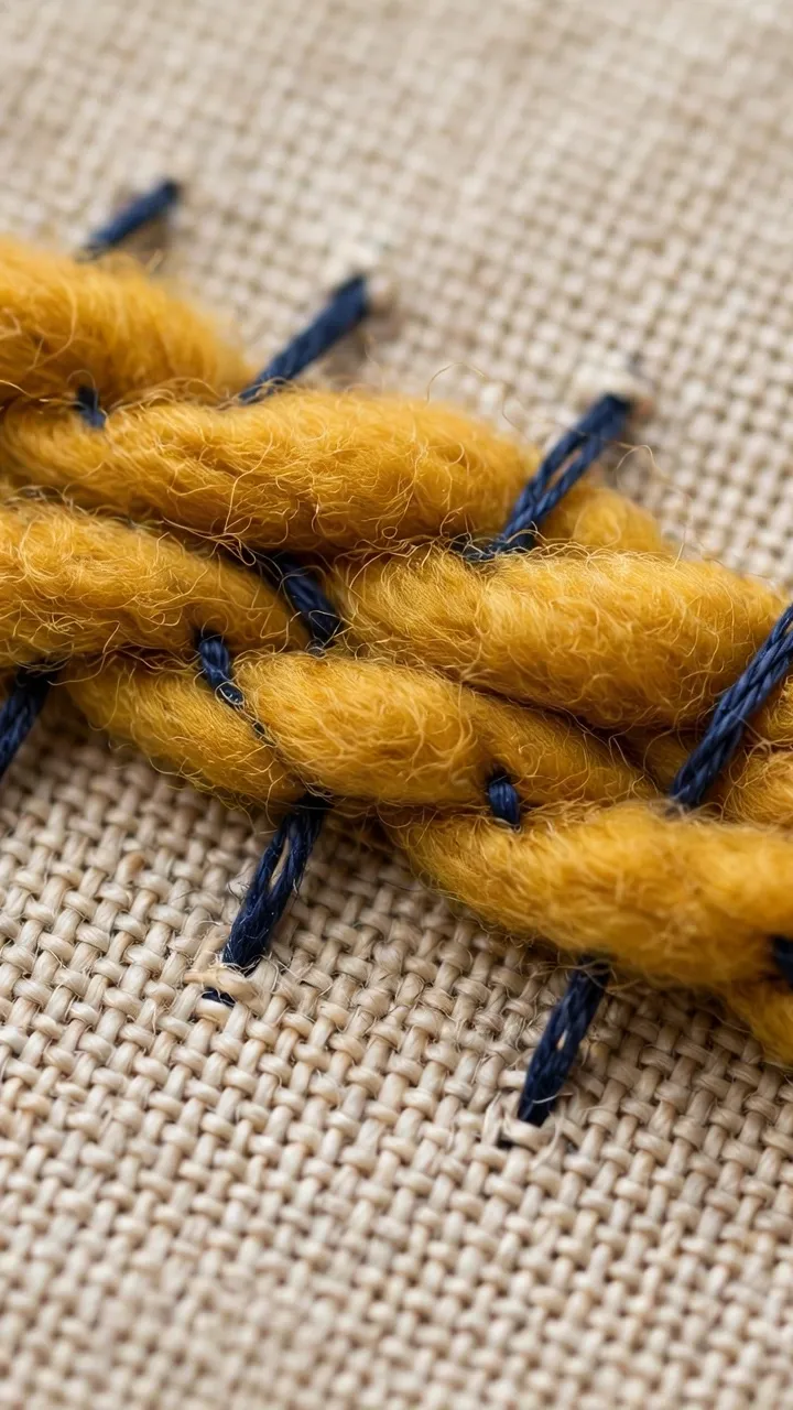 Macro of small couching stitches tacking down thick mustard wool yarn with tiny perpendicular stitches in navy floss on linen, crisp detail, landscape orientation, no text
