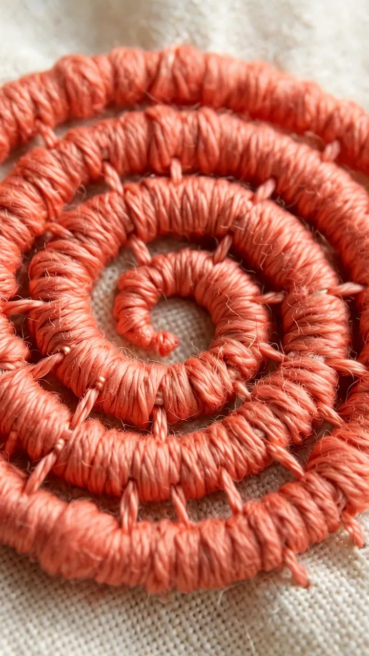 Close-up of a finished couched spiral rose in coral perle cotton with visible tacking stitches on cream linen, soft daylight, landscape orientation, no text