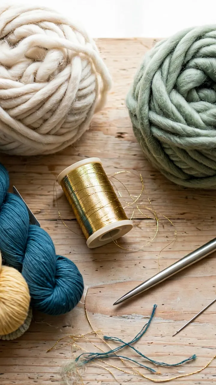 Flat lay of couching supplies: wool yarn, perle cotton skeins, metallic thread, chenille needle, embroidery needle, and small scissors on a wooden table, bright daylight, landscape orientation, no text