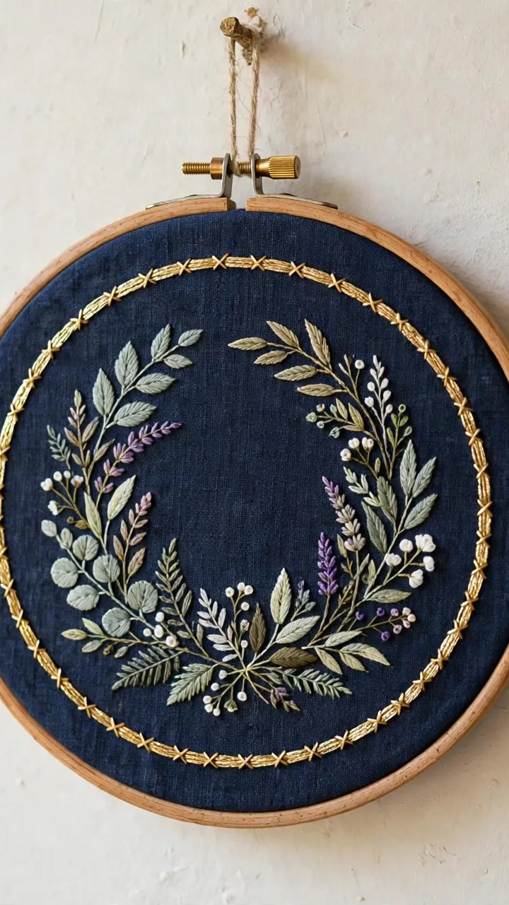 Finished embroidery hoop with a couched metallic gold outline on navy linen, elegant botanical design, hanging on a wall, natural light, landscape orientation, no text