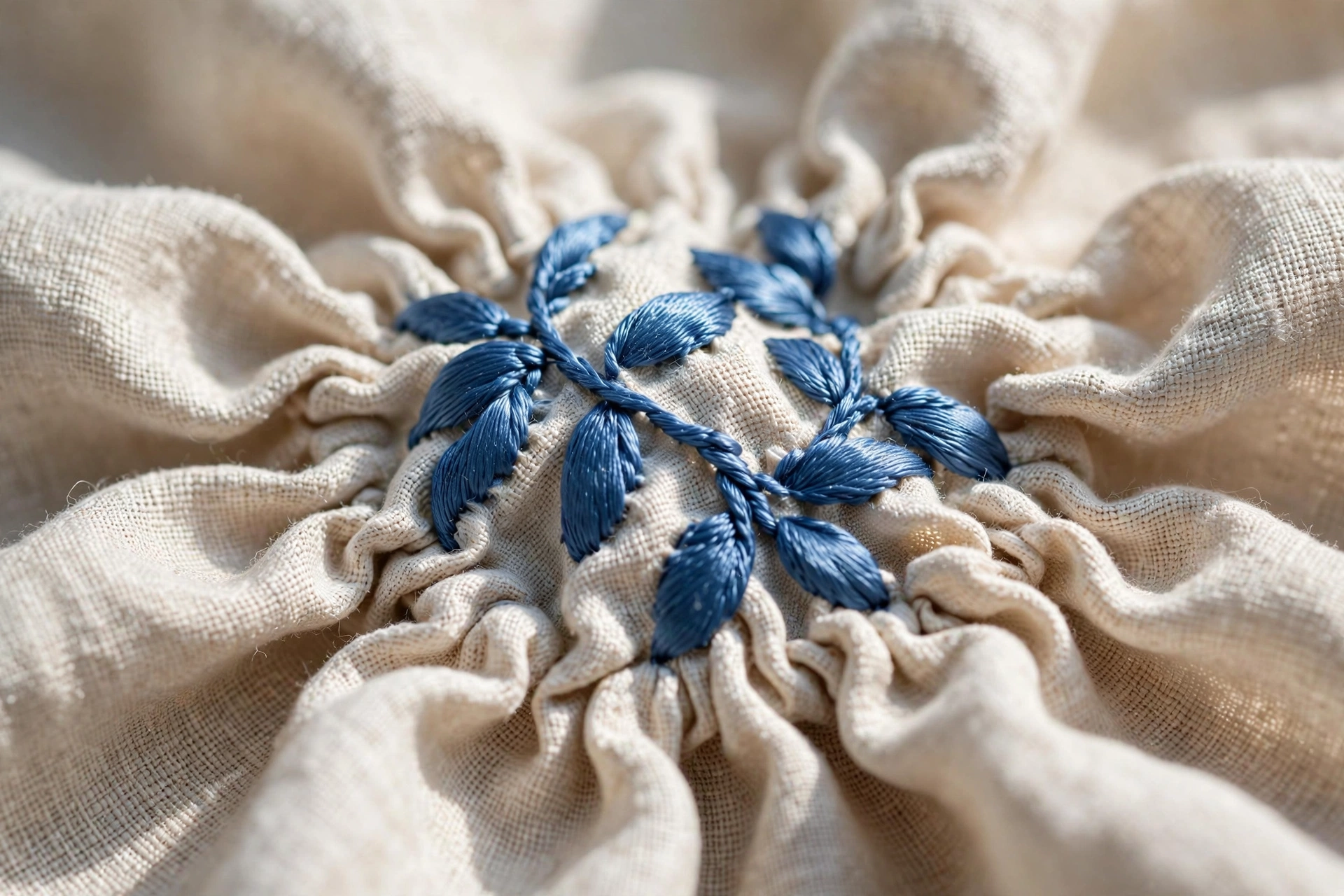 Photorealistic macro close-up of puckered linen fabric around blue satin stitches, visible rippling and gathers, shallow depth of field, natural daylight, landscape orientation, no text