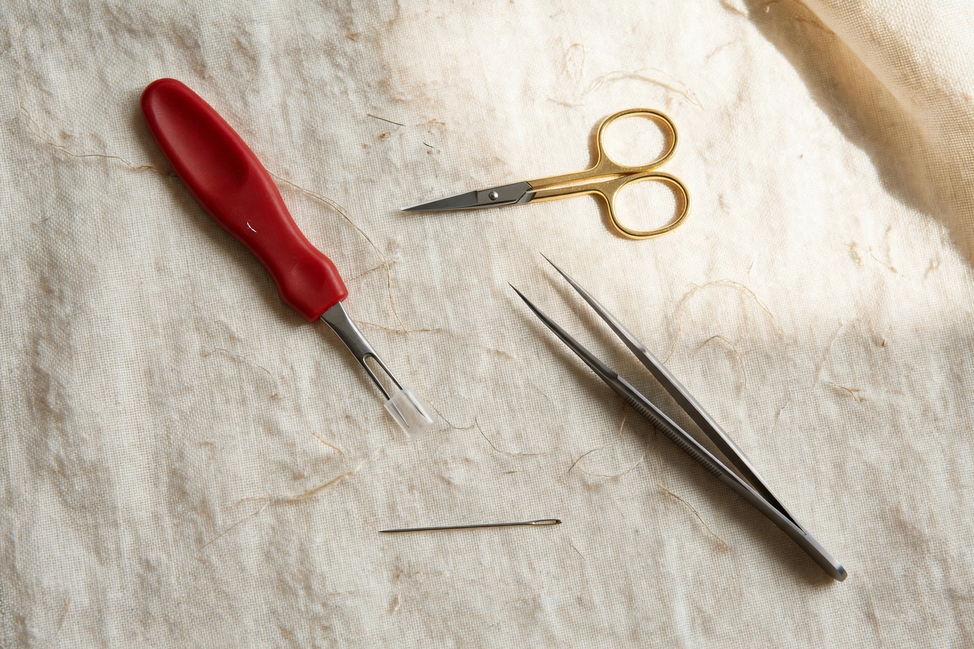 Photorealistic flat lay of embroidery frogging tools: seam ripper, small sharp embroidery scissors, tweezers, needle, on cream linen, bright daylight, landscape orientation, no text