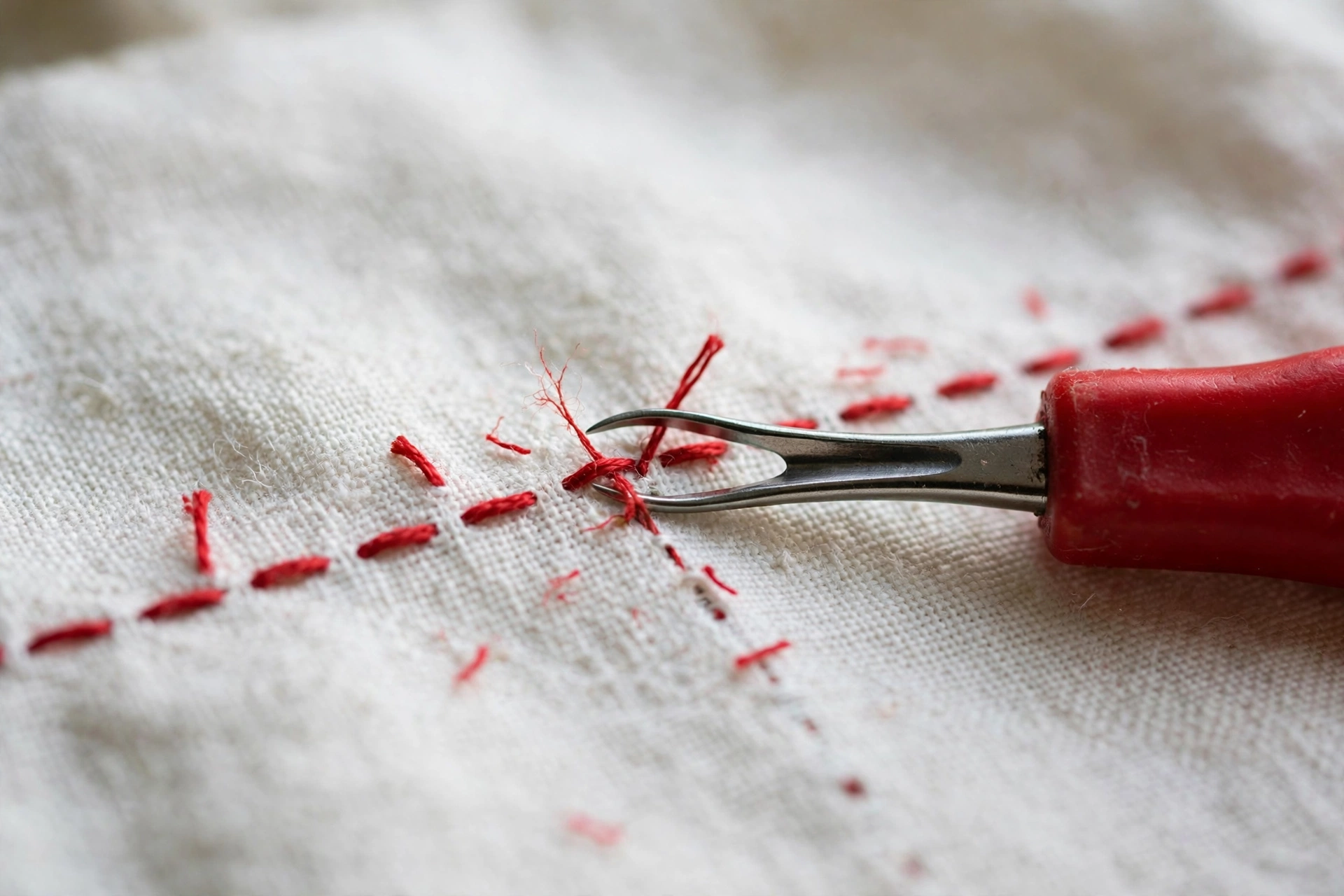 Photorealistic macro of a seam ripper sliding under red embroidery stitches on white linen, cutting threads carefully, shallow depth of field, natural light, landscape orientation, no text