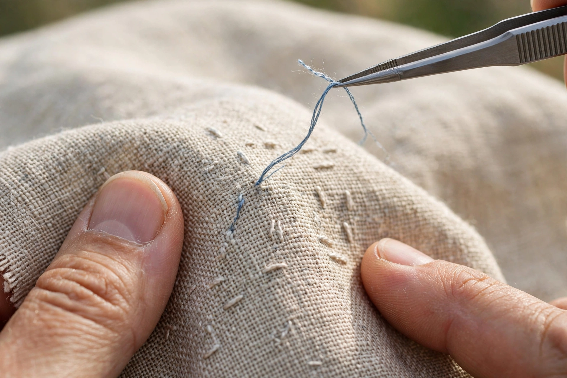 Photorealistic close-up of tweezers pulling a loose embroidery thread from linen fabric, fingers holding fabric steady, daylight, landscape orientation, no text