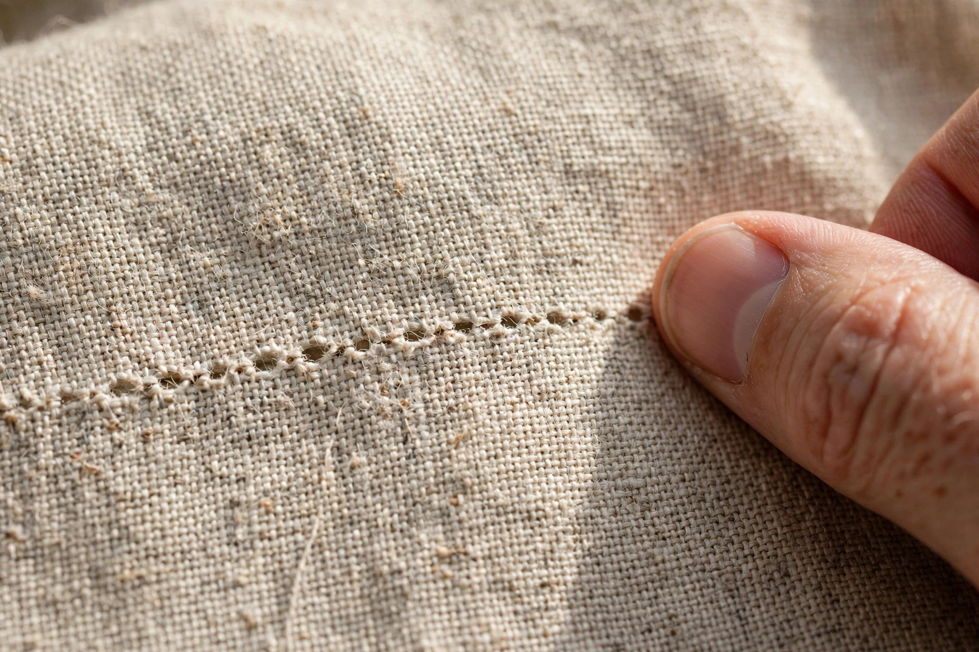 Photorealistic macro of tiny needle holes left in linen after removing embroidery stitches, finger gently rubbing fabric along the grain, natural light, landscape orientation, no text