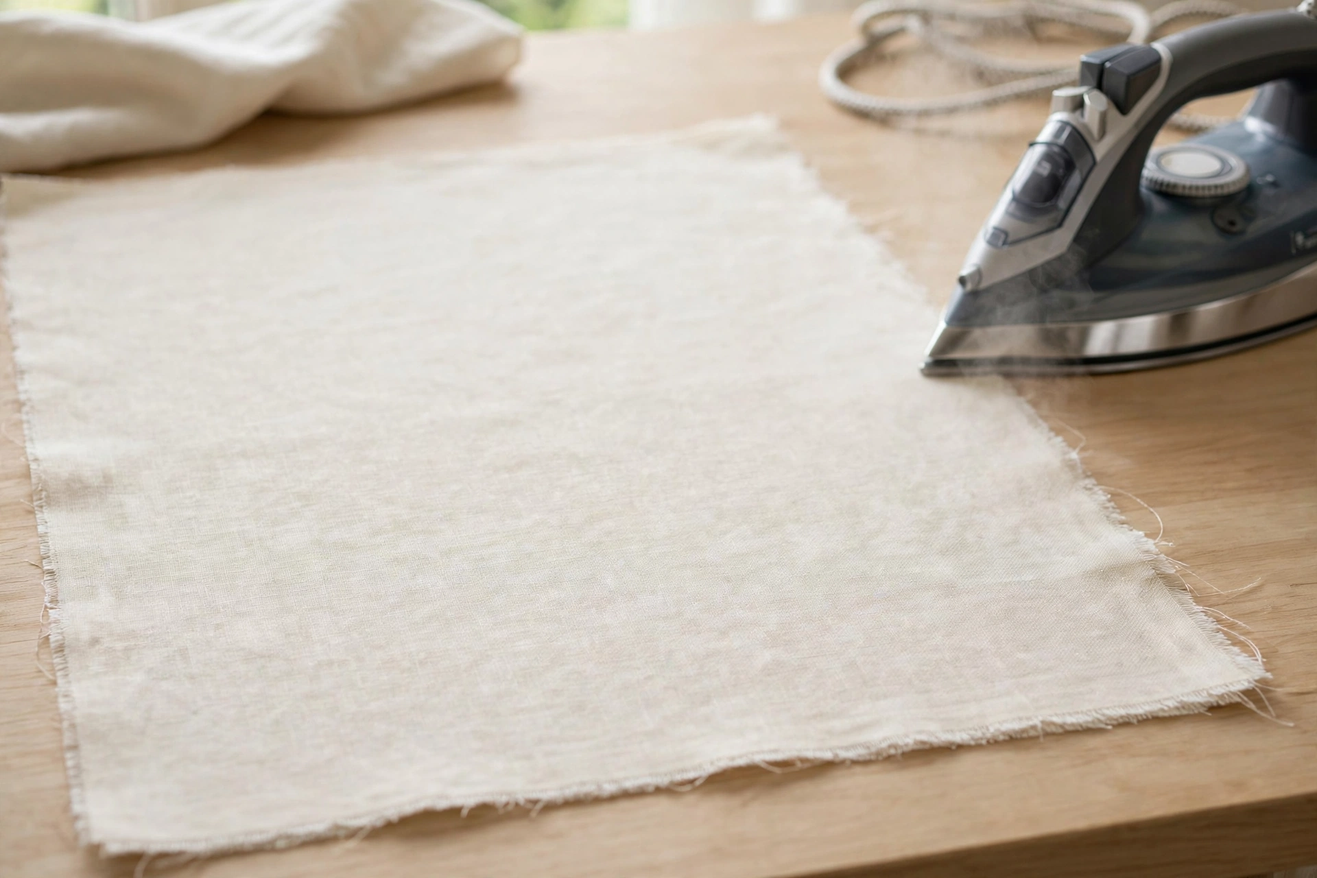 Photorealistic freshly pressed cream linen swatch where stitches were removed, smooth and unmarked, steam iron nearby, soft daylight, landscape orientation, no text