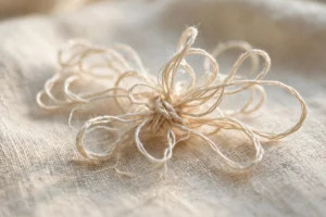 Photorealistic macro of a failed loose French knot unraveling on cream linen, thread loops splayed, shallow depth of field, natural light, landscape orientation, no text