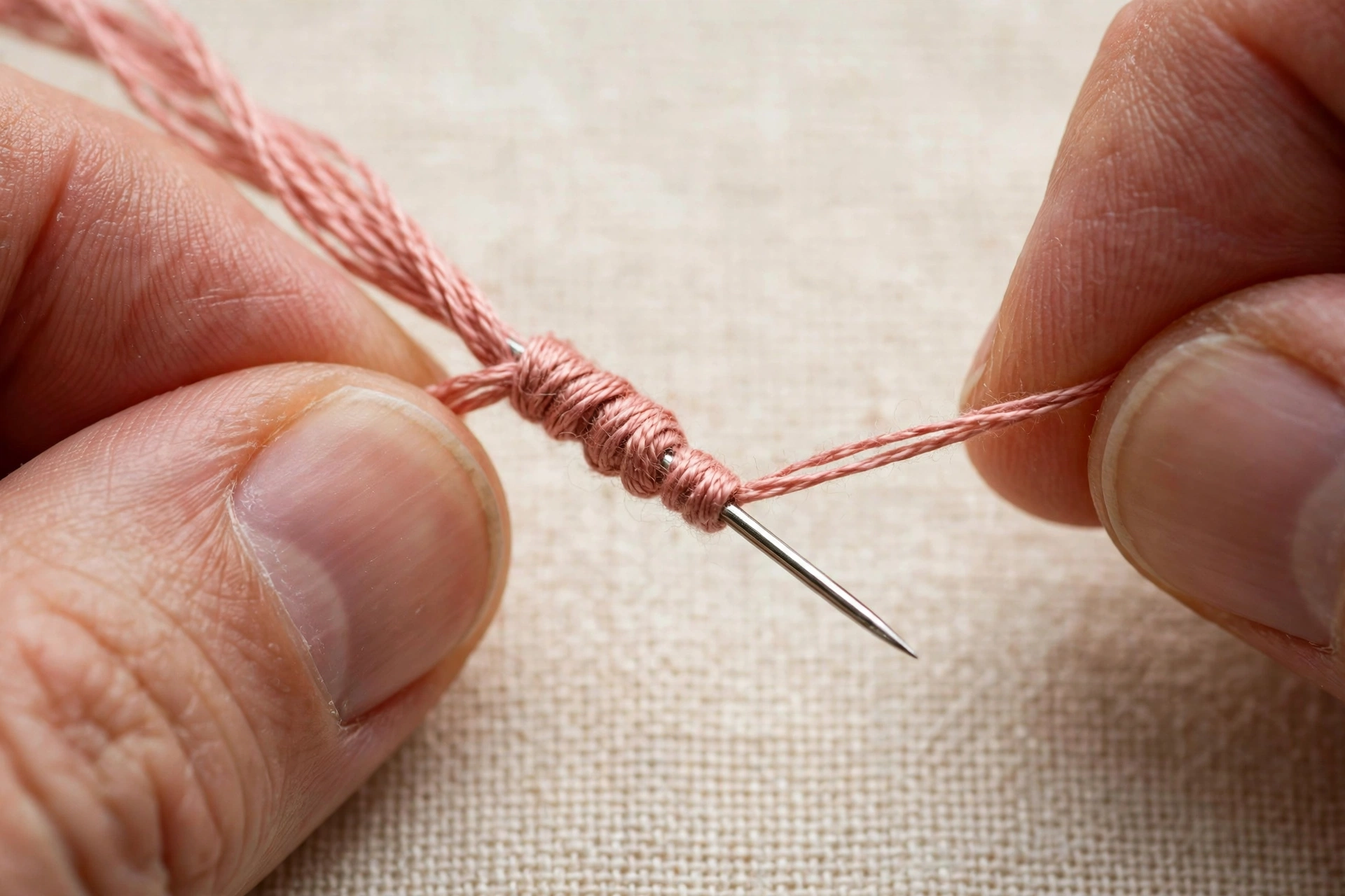 Photorealistic macro close-up of thread wrapped twice around a needle shaft for a French knot, fingers holding tension, cream linen background, daylight, landscape orientation, no text