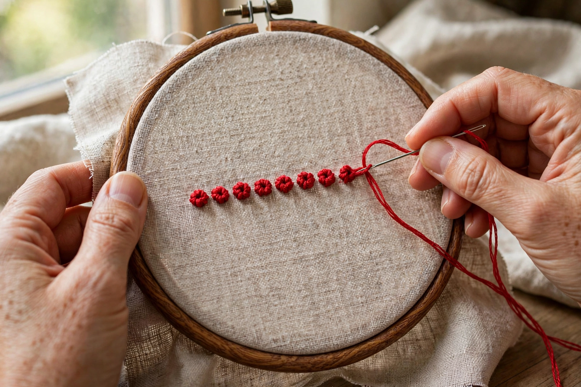 Photorealistic hands stitching a neat row of perfect French knots in red floss on linen in a wooden hoop, crisp detail, natural light, landscape orientation, no text