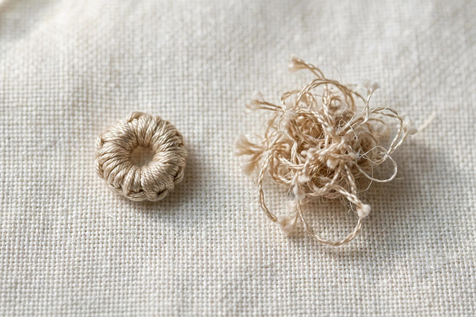 Photorealistic macro comparison of a tidy French knot beside a messy blob-like failed knot on white linen, natural light, landscape orientation, no text