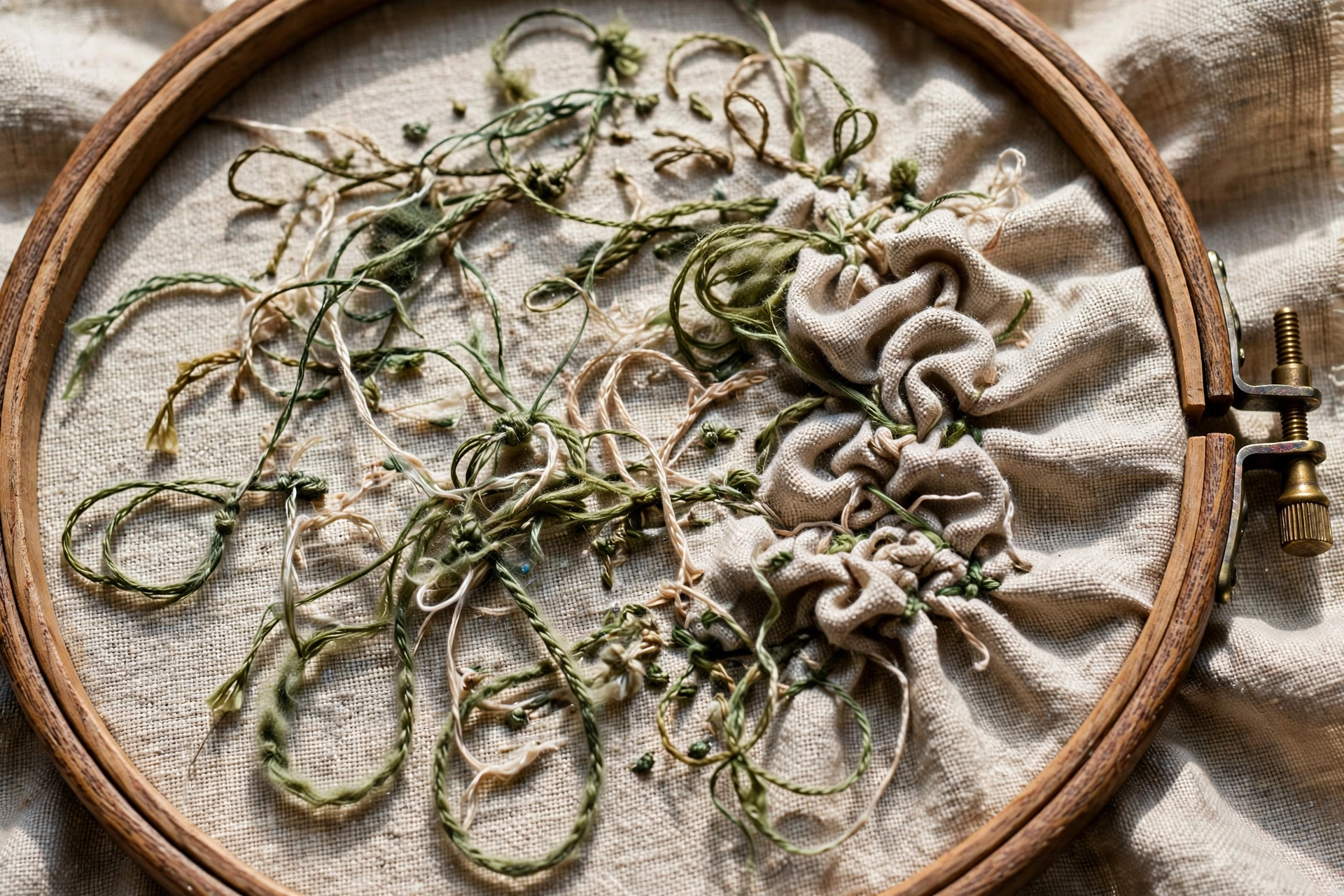 Photorealistic close-up of the back of embroidery hoop showing uneven thread tension, loose loops and tight puckered stitches on linen, natural light, landscape orientation, no text