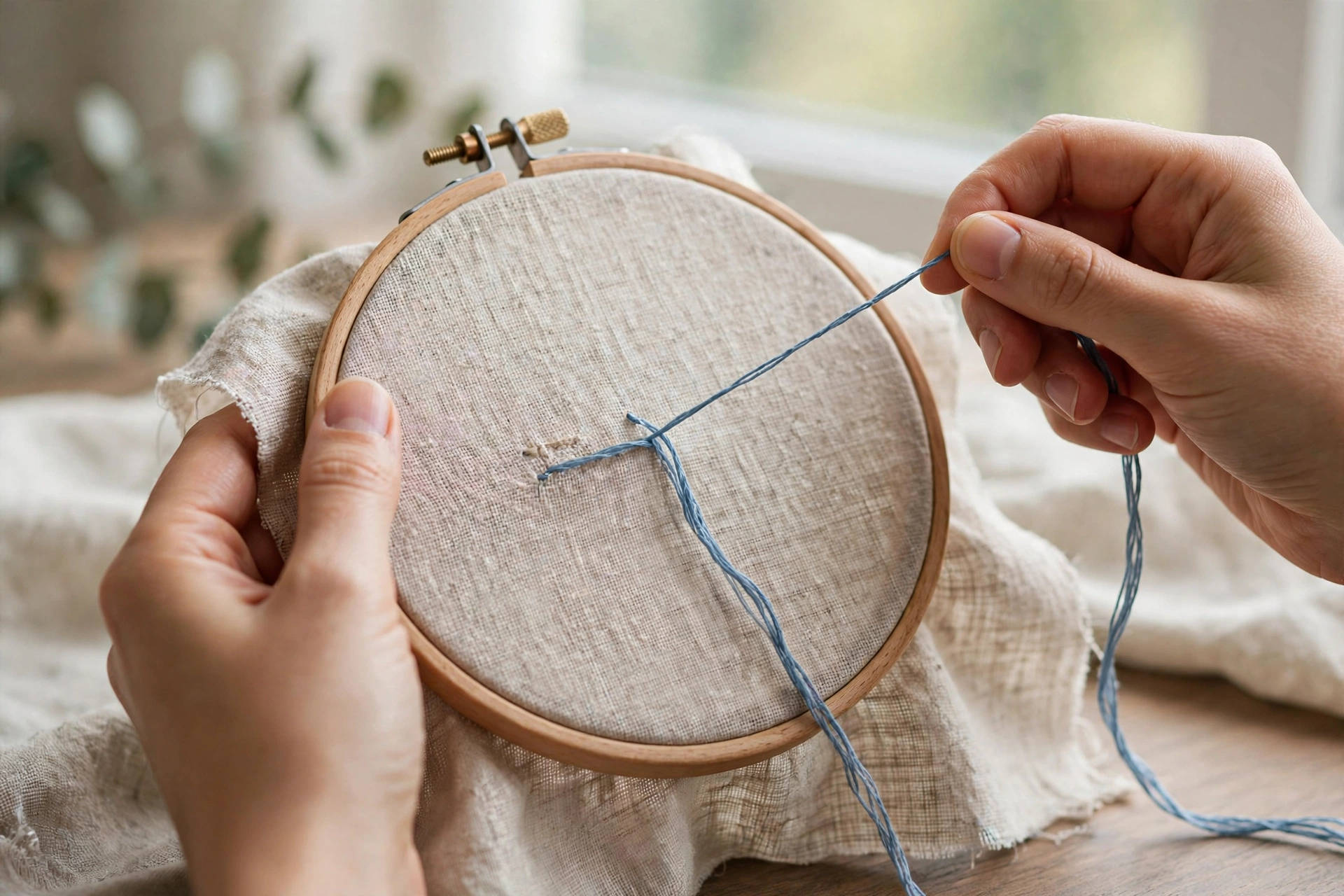 Photorealistic hands pulling embroidery floss with gentle consistent tension through linen in a wooden hoop, thread gliding smoothly, soft daylight, landscape orientation, no text