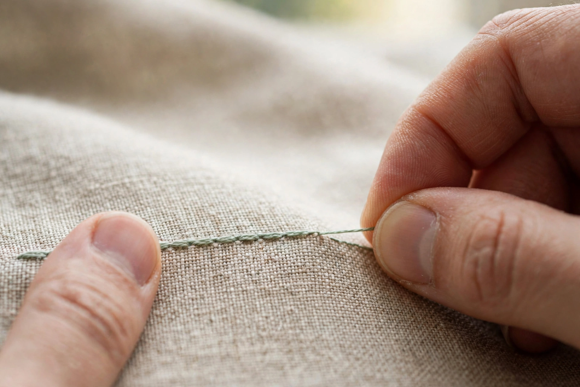Photorealistic macro of fingers testing stitch tension on embroidered linen, stitch lying flat with no dimpling, shallow depth of field, natural light, landscape orientation, no text