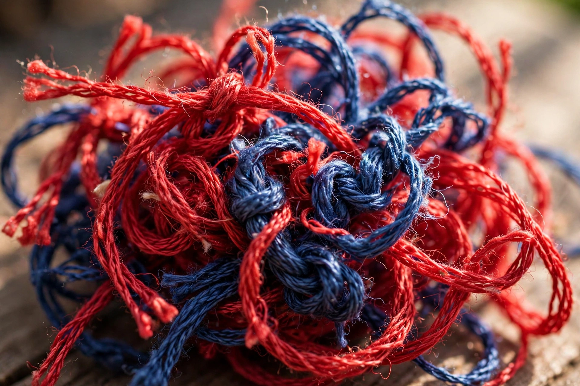 Photorealistic macro of tangled knotted embroidery floss threads in red and blue, twisted mess close-up, shallow depth of field, natural light, landscape orientation, no text