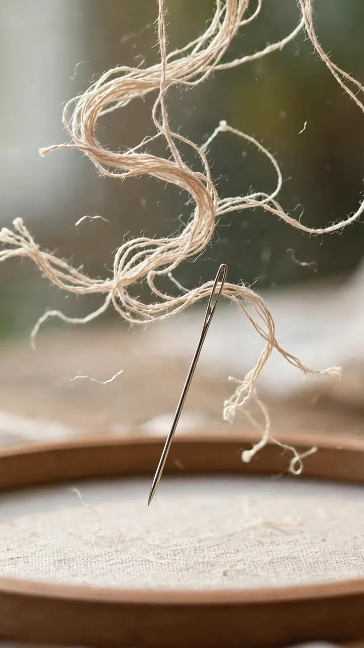 Photorealistic embroidery needle dangling from a twisted thread, untwisting itself in midair above a wooden hoop, soft daylight, landscape orientation, no text
