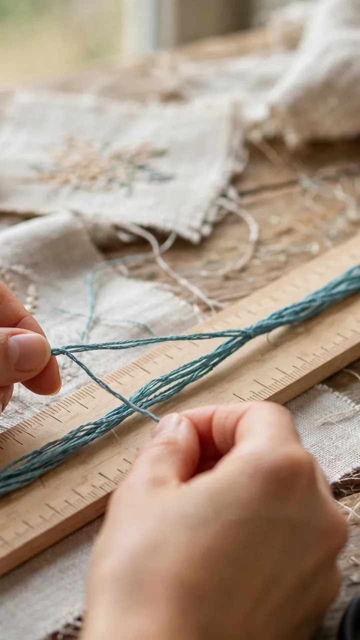 Photorealistic hands measuring embroidery floss against a ruler showing 18 inches, scissors nearby on craft table, daylight, landscape orientation, no text