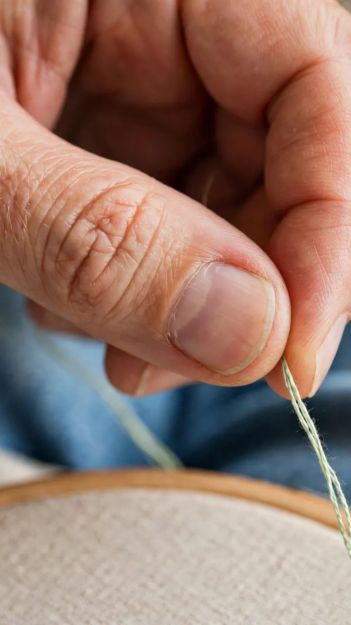 Photorealistic close-up of fingers stroking embroidery thread smooth between thumb and forefinger before stitching, hoop in lap, natural light, landscape orientation, no text