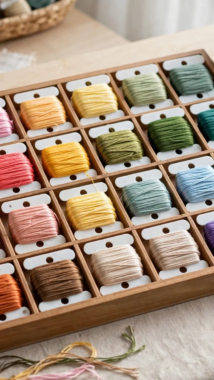 Photorealistic tidy organized embroidery floss skeins in labeled bobbins, neat craft workspace, bright daylight, landscape orientation, no text