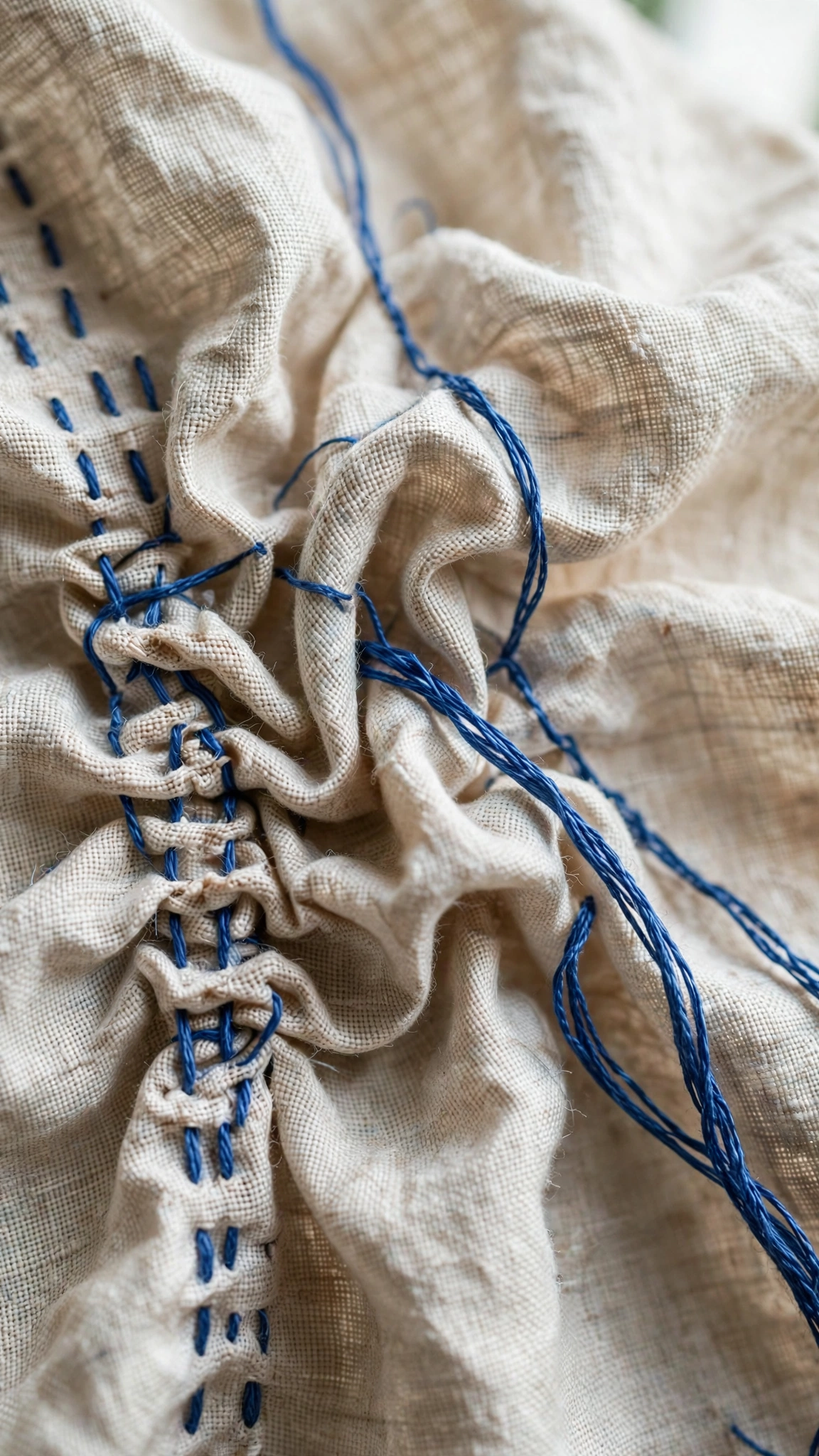 Embroidery fabric puckering around tightly pulled blue thread stitches