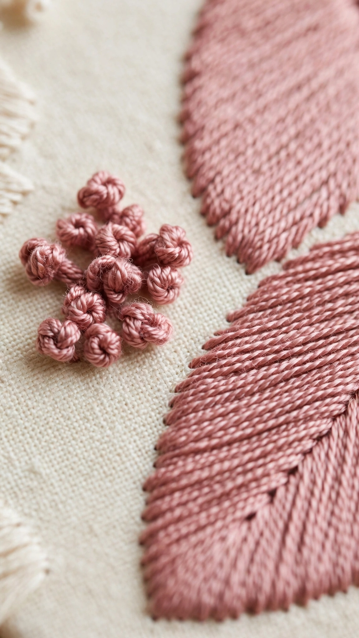 Raised French knots beside smooth flat satin stitching in dusty rose thread
