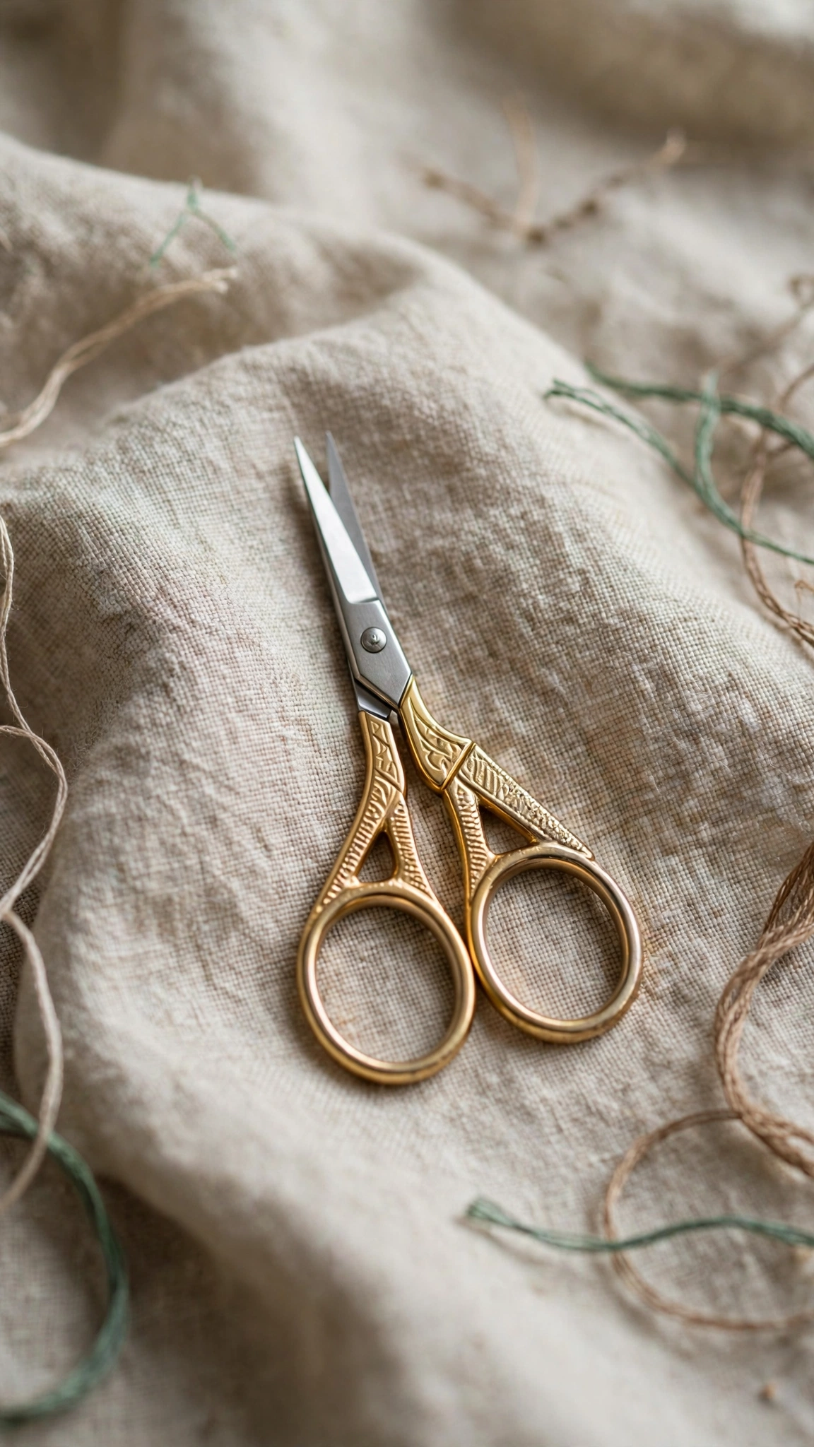 Small gold-handled embroidery scissors resting on natural linen fabric