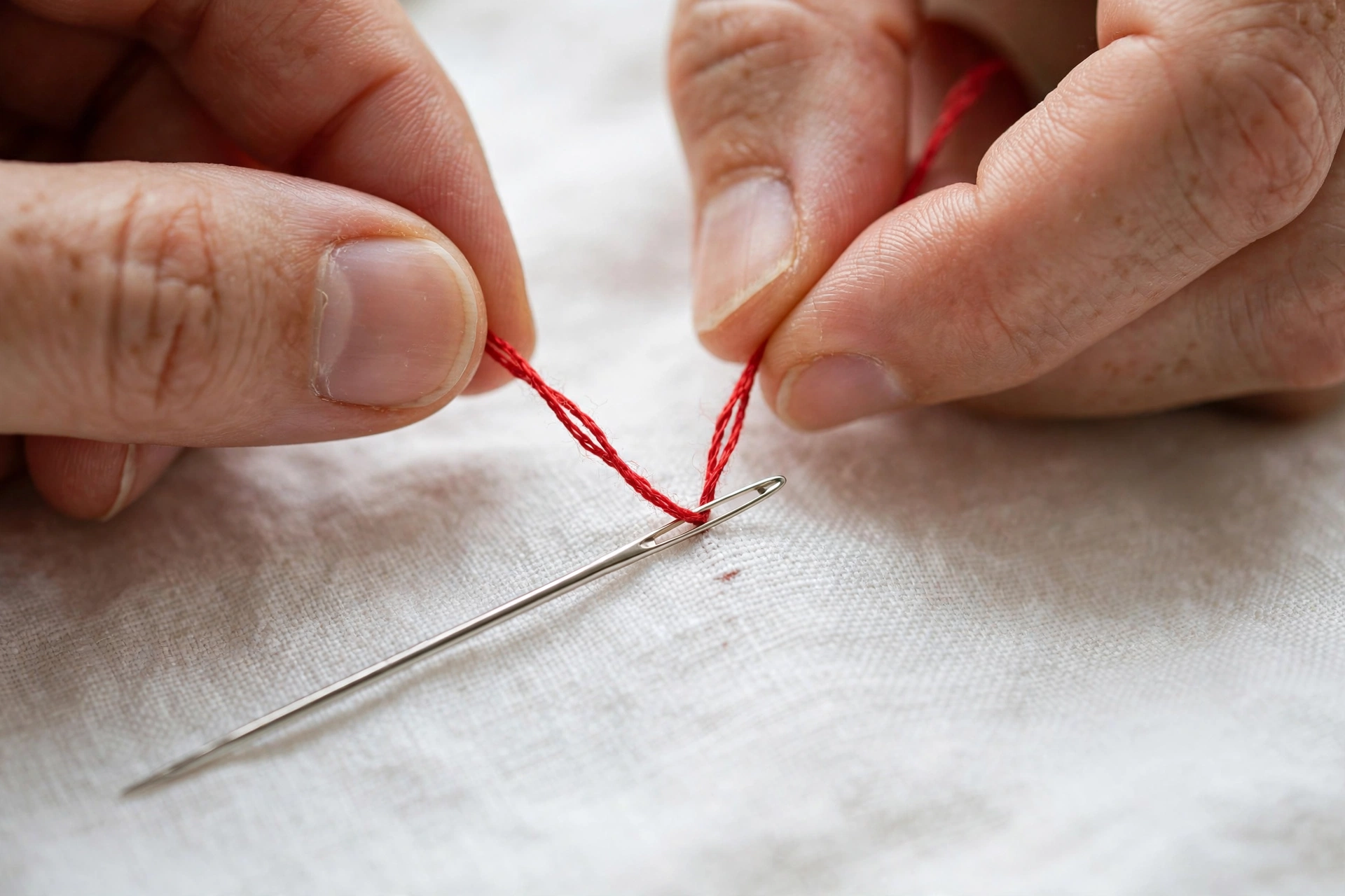 Hands pinching a single strand of red embroidery floss against the eye of a silver embroidery needle over white linen