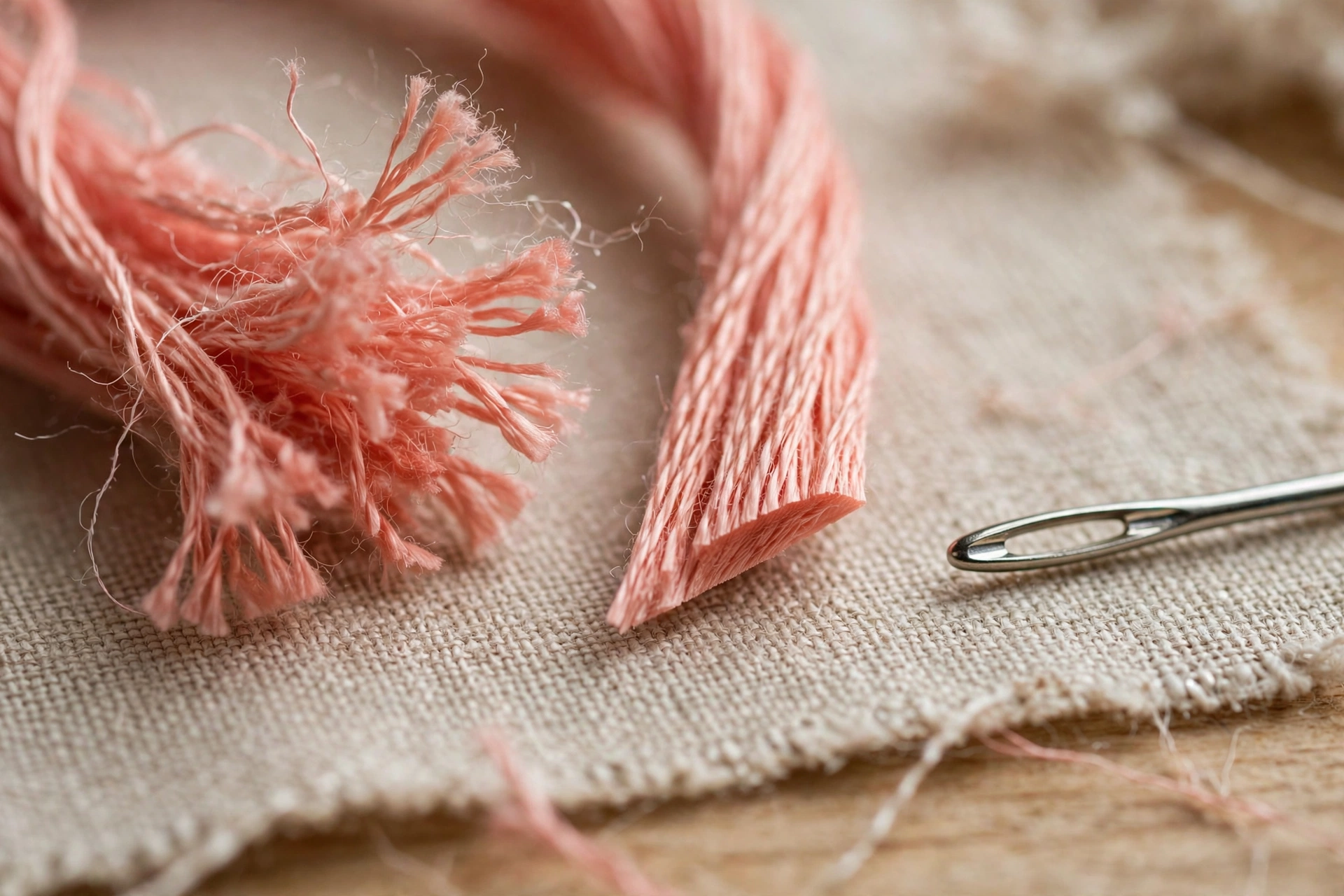 A frayed embroidery floss end next to a cleanly snipped angled end beside a needle eye, craft table detail