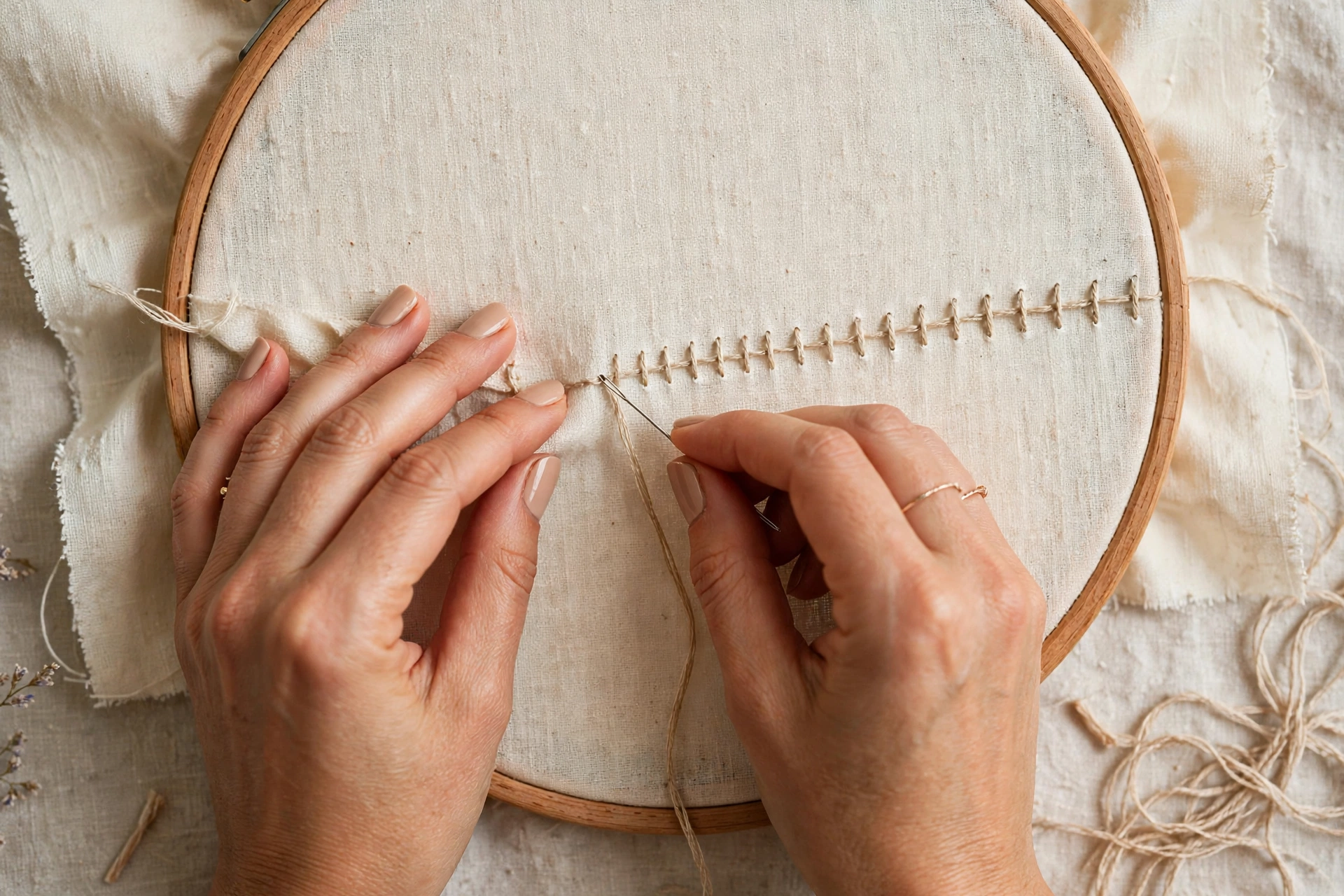 Overhead view of a woman's hands stitching backstitch on cream fabric stretched in a wooden embroidery hoop