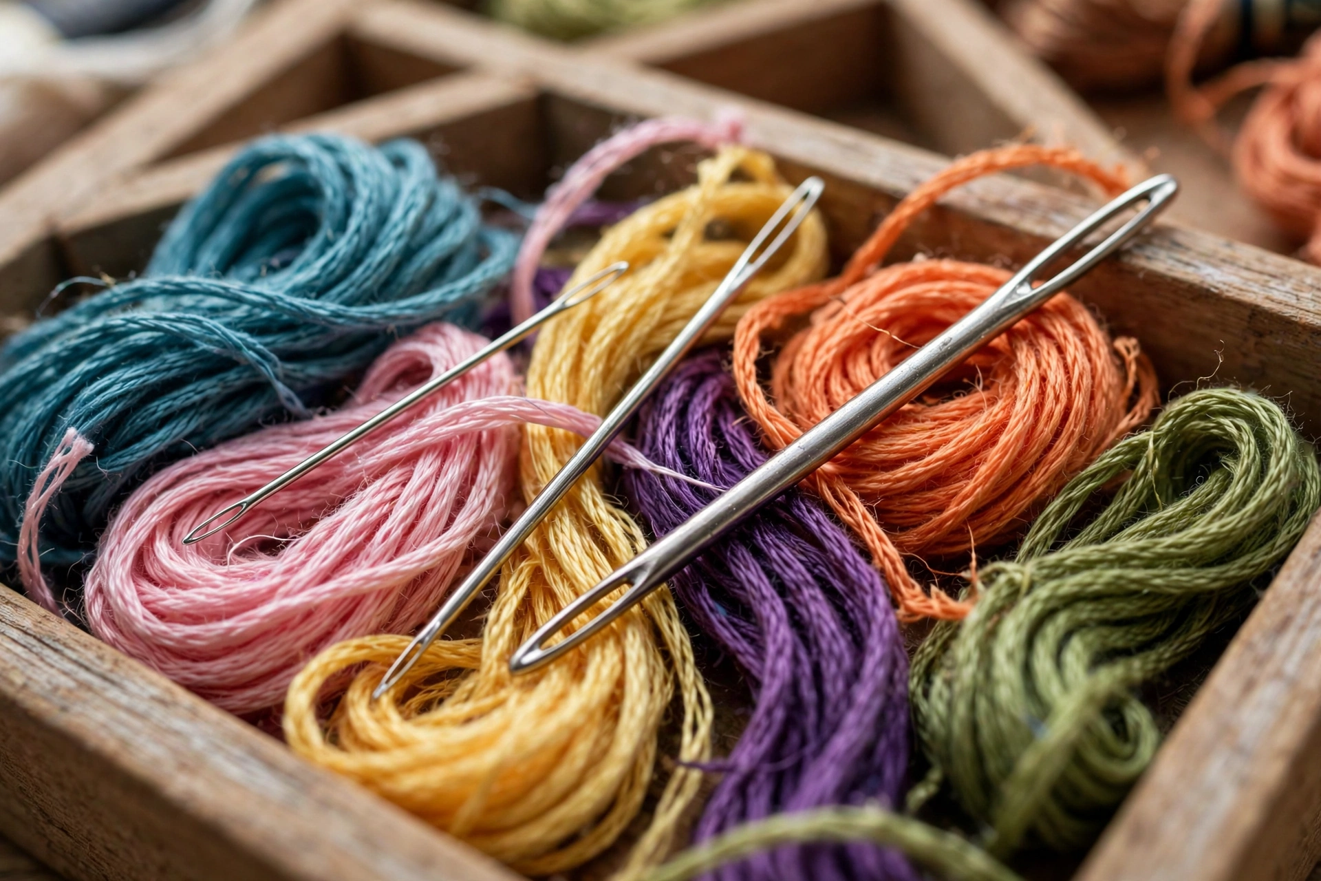 Shot of three embroidery needles of different sizes lying on colorful embroidery floss skeins in a wooden craft tray