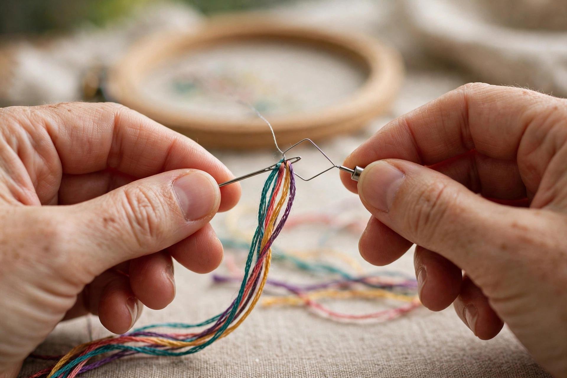 Hands using a thin wire needle threader tool to pull colorful floss through a needle eye, wooden embroidery hoop blurred in background