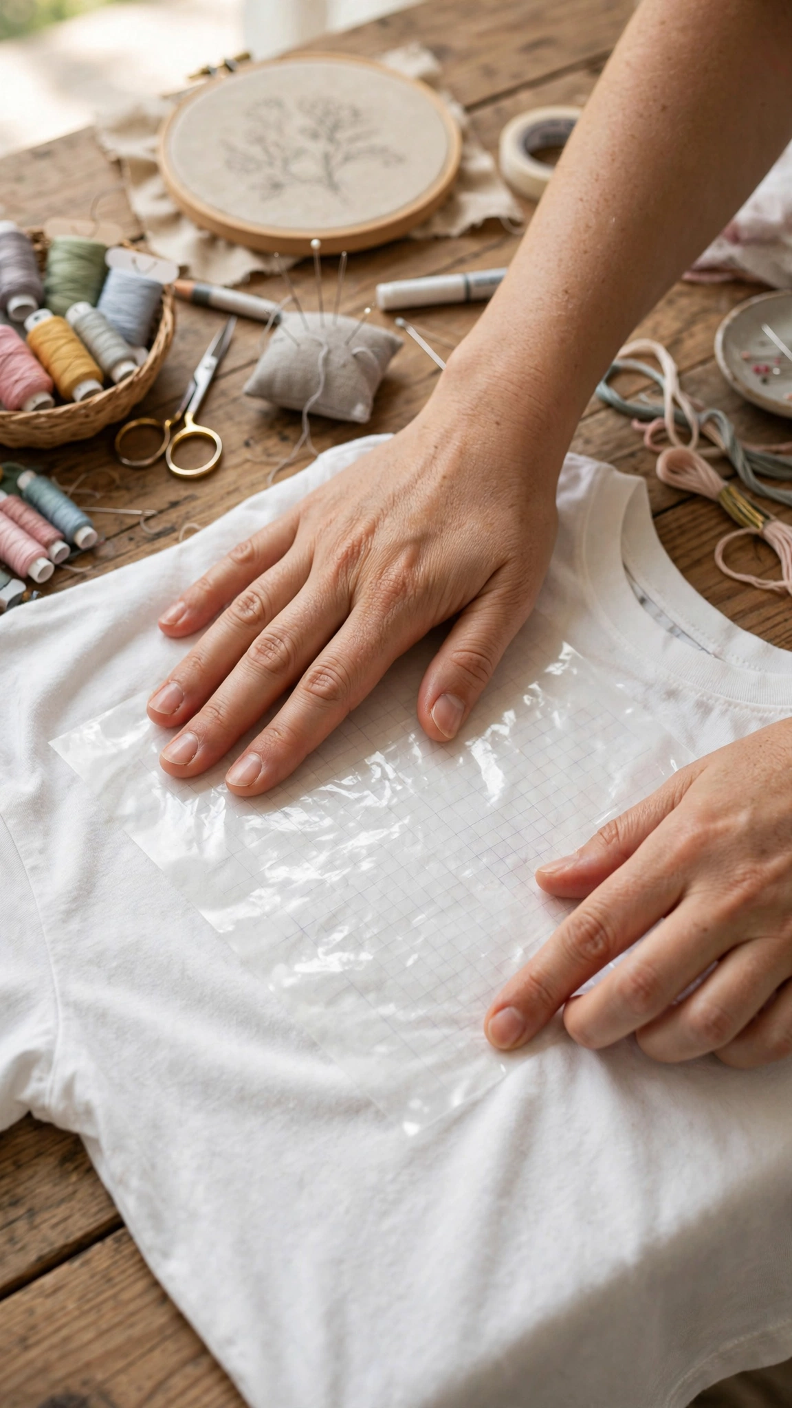 Hands pressing adhesive water soluble stabilizer onto the front of a white cotton t-shirt