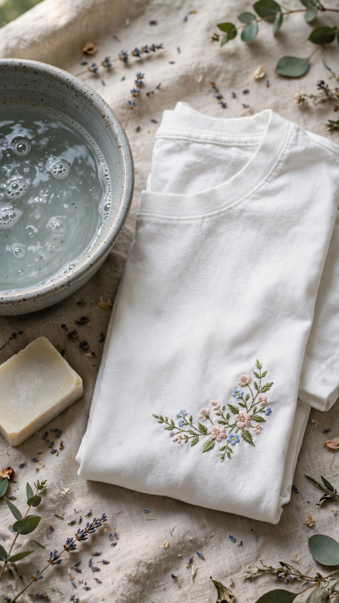 Folded embroidered t-shirt beside a basin of water and mild soap for gentle hand washing