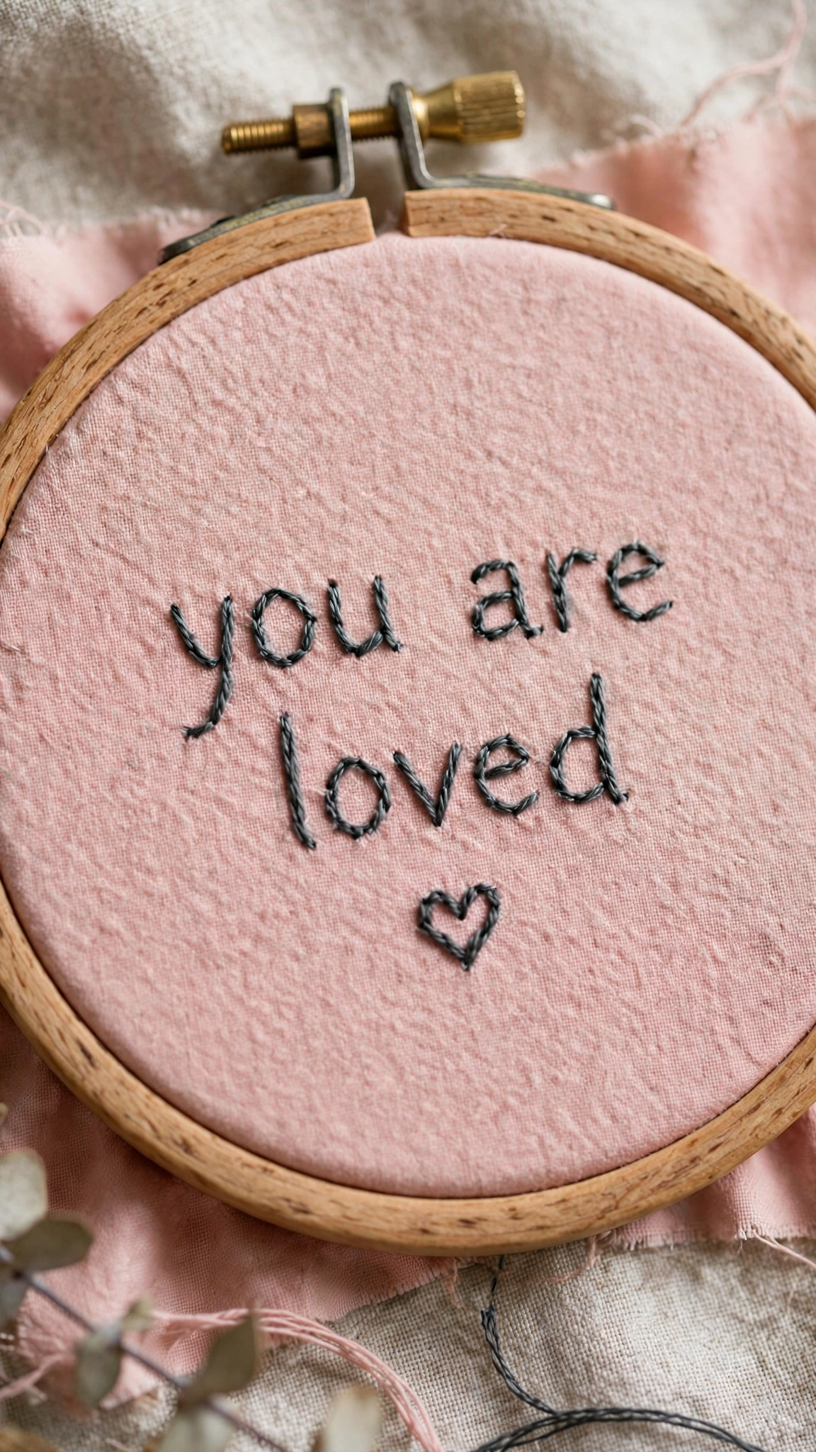Hand embroidered quote 'you are loved' in backstitch lettering with a small heart on blush fabric